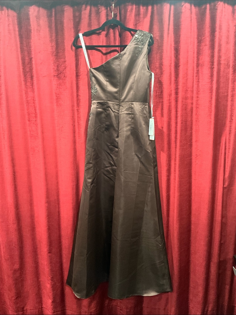 JJ's House Evarose Chocolate One Shoulder Overskirt Satin Maxi Dress - Size 4 - Picture 4 of 6
